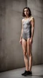 Placeholder: beautiful anorexic young woman, total shot, short shiny grey triathlon swimsuit, short brunette wavy bob hair, blurred concrete background, standing