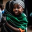 Placeholder: A black girl carrying the South African flag hugging a young Arab child