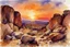 Placeholder: Sunset, rocks, mountains, rocky land, epic, john singer sargent watercolor paintings