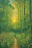 Placeholder: A lime green forest filled with flowers and bamboo trees in sunset , painted by Van Gogh, Busch painting style ,