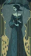 Placeholder: Painting in erte style of gothic woman standing in rain