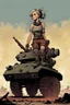 Placeholder: Far away, on the distant horizon where the wastelands met the sky, a small but unmistakable figure came into view. She was perched atop a hulking, makeshift vehicle, a ragtag tank that seemed to defy the very laws of mechanics. Her silhouette, framed by the dying embers of the day, was instantly recognizable. Tank Girl, a symbol of defiance and rebellion in this desolate world, rode the contraption with a wild, untamed spirit. Her hair, a shock of colorful disarray, billowed in the wind as she s