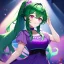 Placeholder: Clear focus, 8k, beautiful lighting, vibrant colors, girl, green hair, long hair, vibrant pink eyes, ponytail, messy hair, blue and purple outfit,