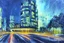 Placeholder: Night, futuristic buildings near trees, highway, people, sci-fi, impressionism, ealistic painting