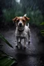 Placeholder: lost small Jack Russell terrier sees very hairy humanlike creature come out of a tropical jungle during a rainstorm, detailed photograph, Nikon lens