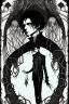 Placeholder: black haired young man necromancer wizard with gothic jewelry and tentacle fingers in the style of Harry Clarke