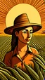 Placeholder: farmer, young woman, happy, sunset, planting corn, ground, dirt, woodcut, Woodblock printing, xilogravura, Livio Abramo, Sérvulo Esmeraldo, Tarsila do Amaral, ultra sharp 8k uhd smooth sharp focus highly detailed hd trending on artforum illustration digital, head and shoulders