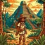 Placeholder: Gorgeous latina explorer emerging from the forest approaching an aztec pyramid in 1887, cartoon style.