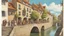 Placeholder: medieval buildings, balconies overhanging a river, blue sky and people, photorealism, trees, foliage, piers,