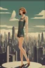 Placeholder: full body picture of a skinny woman with a bob, a fringe hairstyle, 1920s flapper clothing, futuristic city background