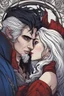 Placeholder: A couple kissing from the dnd game curse of Strahd. The woman has long white hair and blue eyes, the man has LONG BLACK hair and red eyes, no facial hair.