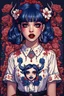 Placeholder: wears a smart shirt which is embroidered with bluered flowers and ornaments, has dark eyes and horns,Poster in two gradually, a one side malevolent goth vampire girl face and other side the Singer Melanie Martinez face, full body, painting 90's movie , pixel art , for a retro gaming 2D style, darkblue and sepia tones,