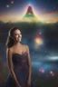 Placeholder: 3D bubbles, 3D hearts, sunlight, blue skies, magic, multicolored swirling light, aurora borealis, UFOs, Devil's Tower, fireflies, facial portrait of Megan Gale as the Flash smiling a big bright happy smile, professional quality digital photograph, happy time