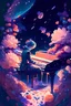 Placeholder: An pianist playing music on a floral stage in space with lots of stars, Google color palette, the boys style, detailed, devinart, trending on artstation, happy colors, an ultrafine detailed painting by james jean