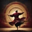 Placeholder: Hyper Realistic Sufi Whirling with Golden, Maroon & Black Islamic Sufi Rustic Grungy Background with Islamic Architecture at night with Whirling wind