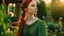 Placeholder: Beautiful young Redheaded woman with plaits in a flowing green dress tending her garden at sunset