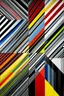 Placeholder: The world of technicolor and black and white divided diagonally by stripes running from the upper left corner to the lower right corner, with the stripes extending from front to back. The color gradient transitions from vibrant colors at the front of the composition to a more subdued gray and warm grey-black at the back, adding depth and dimension to the artwork.