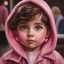 Placeholder: Painting of a little girl with big hazel eyes and short brown hair with a pink jacket and heart earrings, 2 years old, adorable eyes, cute face, oil pastel, oil pastel painting, oil painting, painting style, vivid colors