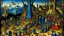 Placeholder: A dark blue chaotic realm with pixies designed in pacific Northwest totem poles painted by Pieter Bruegel the Elder