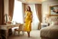 Placeholder: very beautiful lady with beautiful vilet midi skirt and blouse standing in a luxury bedroom with high heels next to makeup desk looking to camera