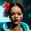 Placeholder: Rihanna as smurf with yellow flowers for hair,zoom eyes, closed eyes, rtx, reflection, 8k, glow, winning photography, caustics