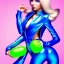 Placeholder: Neon blonde pop girl in blue costume, big boobs , holding cucumber