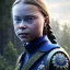 Placeholder:  Greta Thunberg portriate of beautiful blue na'vi warrior,volumetric lighting, particals, intricate detail,realistc, close up