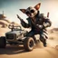 Placeholder: airbrush with pen outline, cool space mad max pimp preacher gremlin holding automatic pistol, and jumping with a dune buggy that looks a bit like a dog wearing driver gloves, wearing flip down sun glasses, in the style of a fallout 4,bokeh like f/0.8, tilt-shift lens 8k, high detail, smooth render, down-light, unreal engine, prize winning