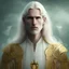 Placeholder: A skinny man with pallid skin, long golden hair, golden eyes, and golden wings. He is wearing white priests' robes and holding a pocket-watch. He has a solemn look on his face; fantasy art; character art;