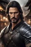 Placeholder: Adult man with Joe Manganiello's features, fair complexion, sporting shoulder length hair, intense eyes, warrior nomad, guarding a merchant shop, black leather armor, necklace, dynamic portrait, digital art, dramatic lighting, high detailed