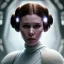 Placeholder: low angle beautiful half-body-portrait photo of princess leia from Star Wars played by Carrie Fisher, in the style of horizon zero dawn wlop, artgerm, akihiko yoshida, and liang xing, detailed face, doe eyes, intricate hair style, symmetrical eyes, trending on artstation, highly detailed, white dress, dynamic pose, intricate outfit, futuristic weapon, space ship and galaxy background