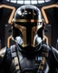 Placeholder: star wars bald male corellian pilot wearing dark gunmetal grey and black First Order special forces TIE pilot armored flightsuit and helmet with gold trim inside the jedi temple, centered head and shoulders portrait, hyperdetailed, dynamic lighting, hyperdetailed background, 8k resolution, volumetric lighting, light skin, fully symmetric details