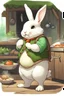 Placeholder: Cute chubby bunny floppy ears adventurer green vest dnd cooking art realism