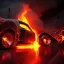 Placeholder: volumetric sweeping view of detailed phong shaded rendering of a car made of only molten lava, headlights, bumpers, whole car is lava