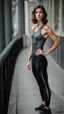 Placeholder: photography of a beautiful anorexic woman, anthracite satin triathlon top, sports illustrated, brunette short wavy bob haircut, pronounced sternum, flat chest, anthracite short leggins