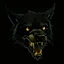 Placeholder: an angry scruffy black terrier on black background, yellow eyes, defined teeth, 30% lighter, vector illustration