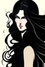 Placeholder: is a tall woman, with long black hair that cascades in waves down her back. She has deep black eyes. She wears black and black clothing, with long flowing capes and dresses.