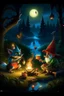 Placeholder: a gnome and a goblin eating in front of a fish fire with figure with fox mask behind, riverbank, night, moonlight,