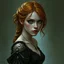 Placeholder: a pretty fantasy woman, young, ginger hair, troubled, dark fantasy art