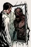 Placeholder: a man looking into a shattered mirror and seeing a horrifyingly smeared and deranged monster in his reflection