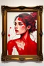 Placeholder: A beautiful young women painted with Liquid abstract red paint ,in side a picture classic picture frame