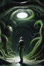 Placeholder: An astronaut standing in the middle of A surreal scene a tunnel-like structure filled with intertwined gray snakes heads , The tunnel is lined with countless writhing aliens bodies, creating a chaotic and nightmarish atmosphere. At the end of the tunnel, a solitary figure walks towards a distant light source, casting a glow that illuminates the scene. The overall color palette is muted with shades enhancing the ominous and unsettling mood .
