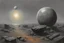 Placeholder: Grey sky with one planet in the horizon, rocks, sci-fi, 2000's sci-fi movies influence, rodolphe wytsman and friedrich eckenfelder impressionism paintings