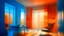 Placeholder: Habitación inspirada en “Impresión, sol naciente” — neblina azul‑naranja filtrada por paneles translúcidos, mobiliario difuminado en contornos suaves, luz matinal que vibra, atmósfera de calma en transición.