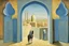 Placeholder: an open Arab gate in a blue-tiled wall with a view of an old city by artist "Rene Magritte",by artist "Leonora Carrington"