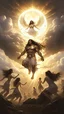 Placeholder: A Sunlight through clouds. Giant Nephilim holding a beautiful girl in his hands and other women are running away from the giant Nephilim