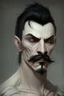 Placeholder: short wirey lean muscular trimmed goatee moustache sterm serious short black hair pale skin ghoul wight