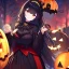 Placeholder: Clear focus, high resolution, black long fluffy hair, red eyes, wearing a halloween outfit