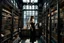 Placeholder: full-height shot of a woman in a tight black dress, inside a large magic book shop, books, bottles, windows