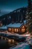 Placeholder: Christmas house with light and christmas tree it is in the wood near a river